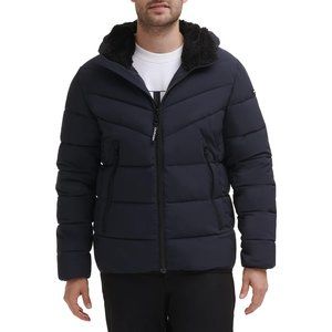 Mens Black Winter Puffer Stretch Jacket With Sherpa Hood